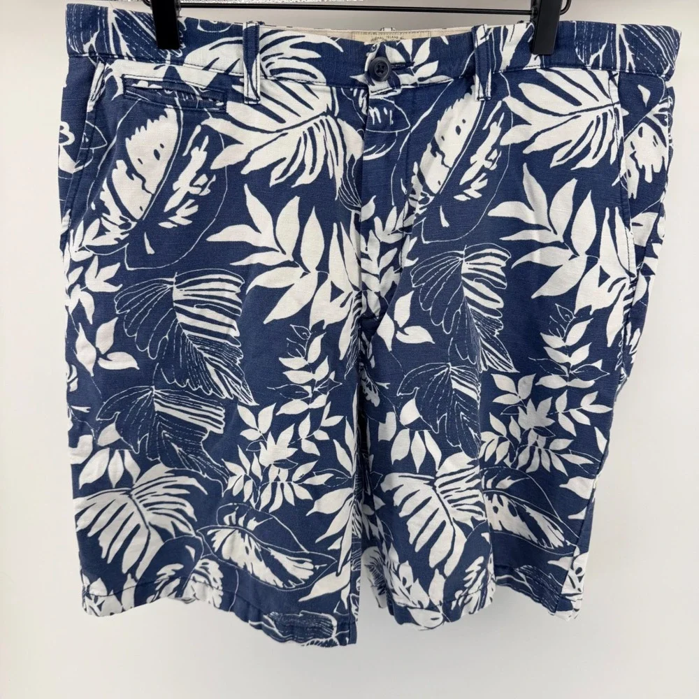 Island Shores Botanical Tropical Leaf Linen Blend Shorts 36 Navy White Summer